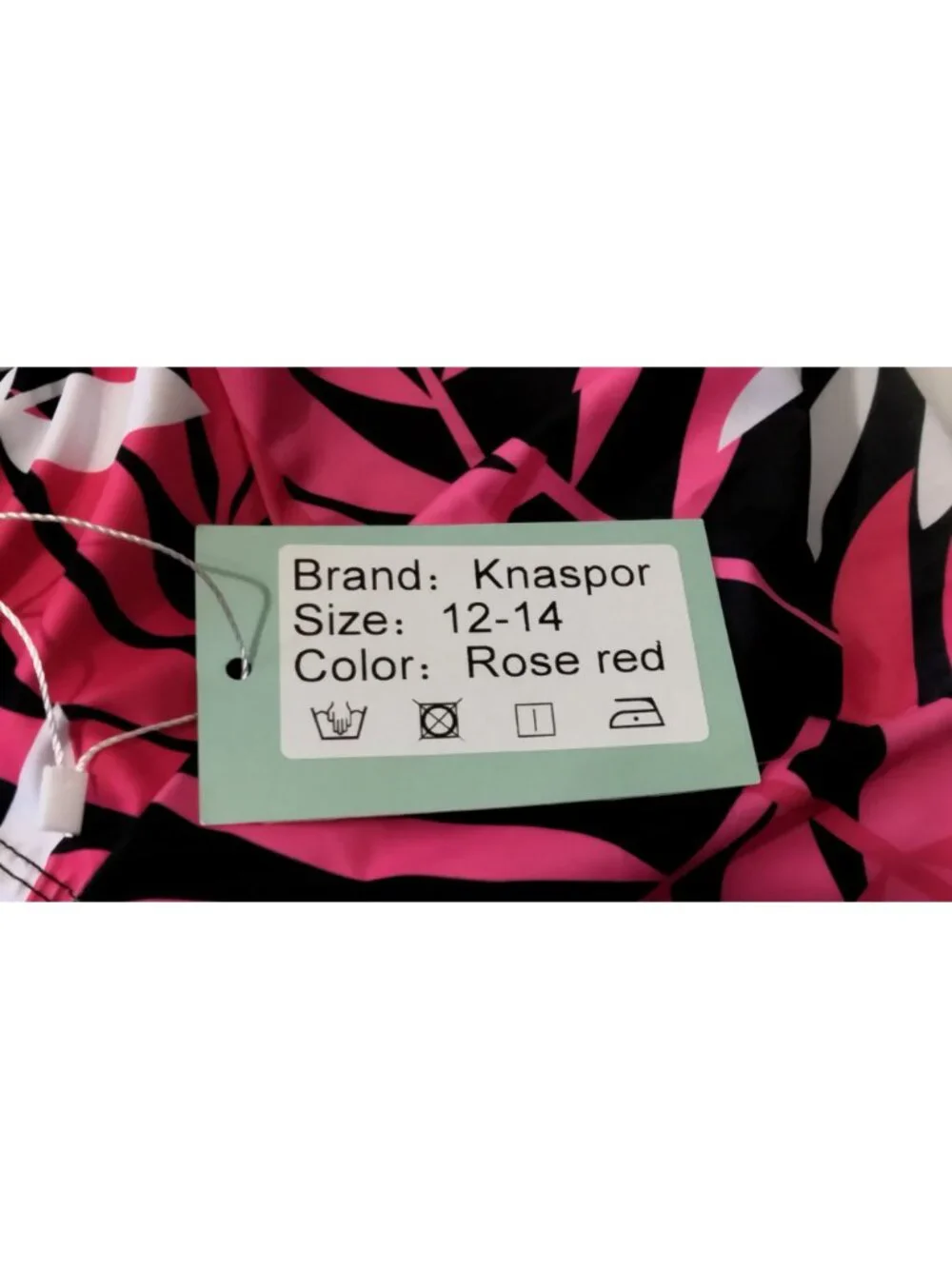 Knaspor Size 12-14 Swim Dress One Piece Pink Floral Leaf Print Black Shorts